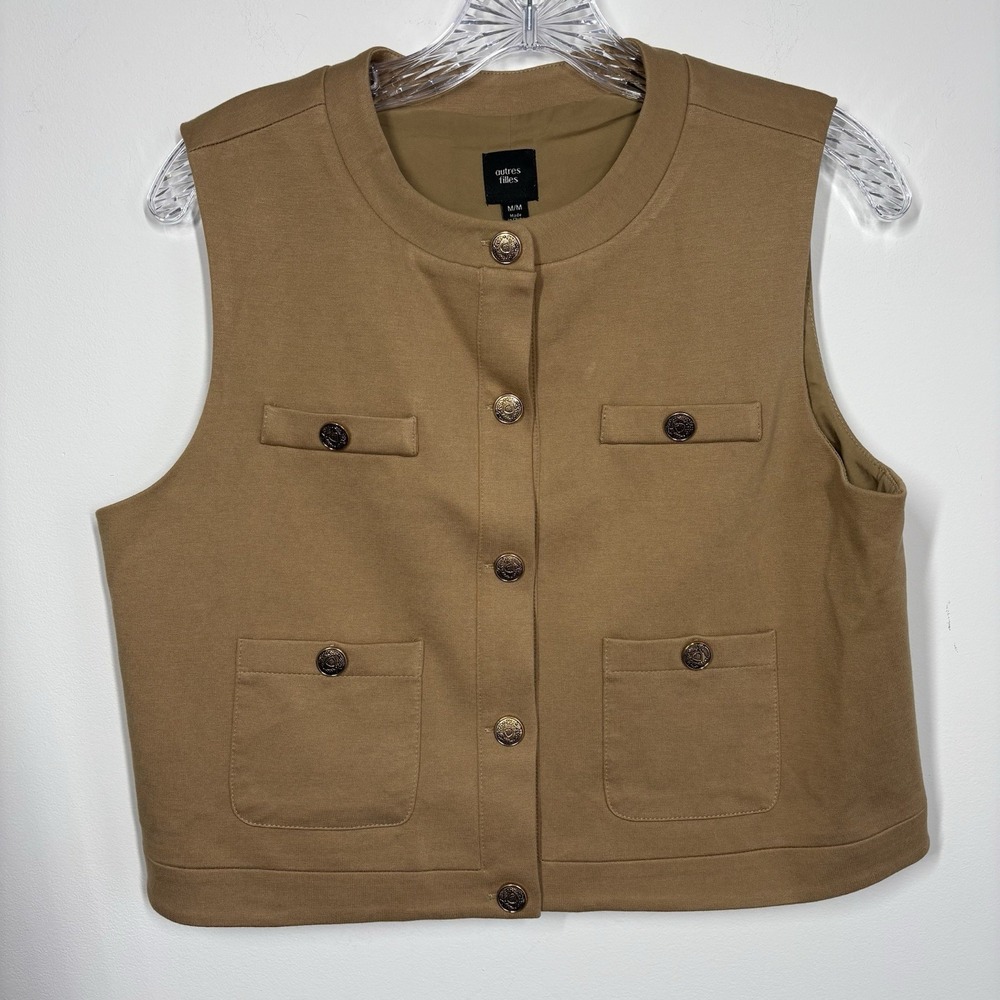 Autres Filles Womens Cropped Vest Top Size M Brown Gold Crest Buttons Ponte Knit